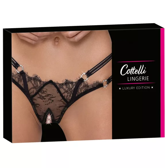 Cottelli - stringi otwarte z pierścieniem - luksusowe - czarne