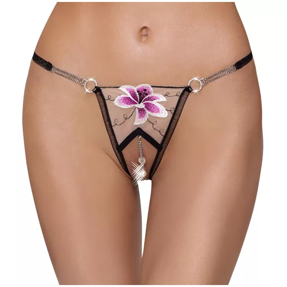 Cottelli - stringi damskie z haftowanym motywem lilii - czarno-białe - M/L