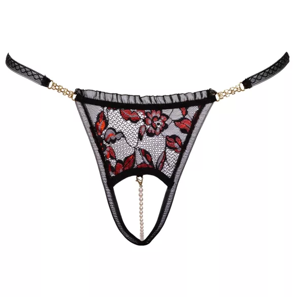 Cottelli - stringi damskie z kwiatową aplikacją i perełkami - czarne - M/L