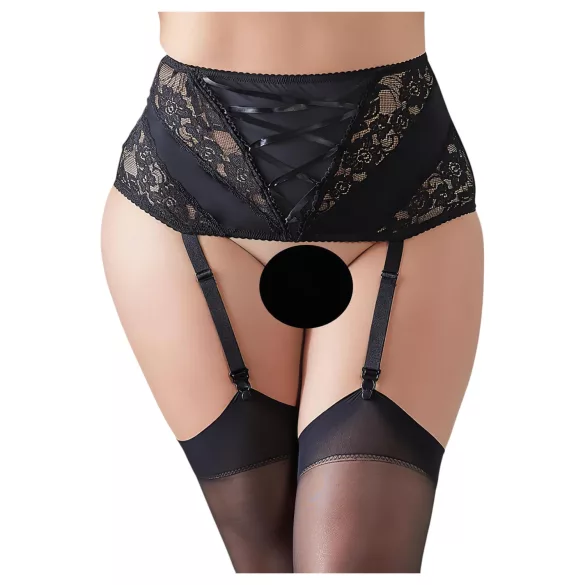 Cottelli Plus Size - pas do pończoch koronkowy sznurowany - czarny