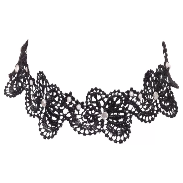 Cottelli - choker koronkowy z perełkami - czarny