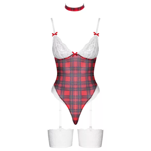 Cottelli - koronkowe body z motywem kratki - czerwone - M