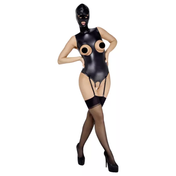 Bad Kitty - body otwarte kroki i piersi + maska na usta - czarne - L