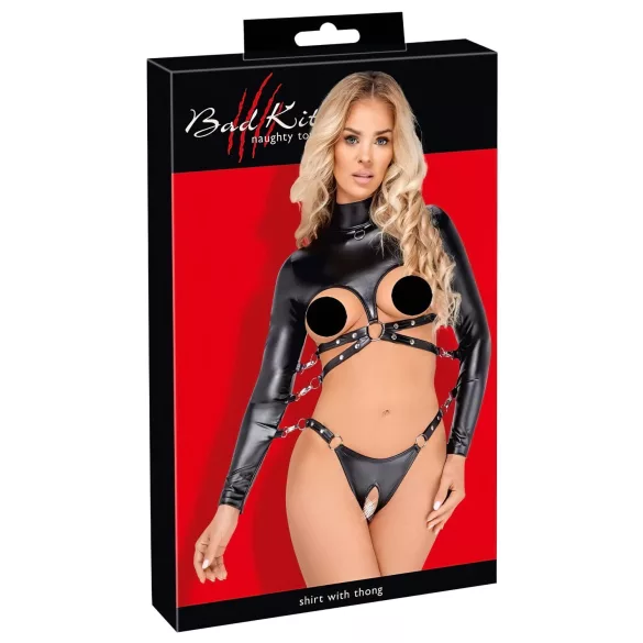 Bad Kitty - zestaw bondage z otwartymi piersiami (czarny) - L