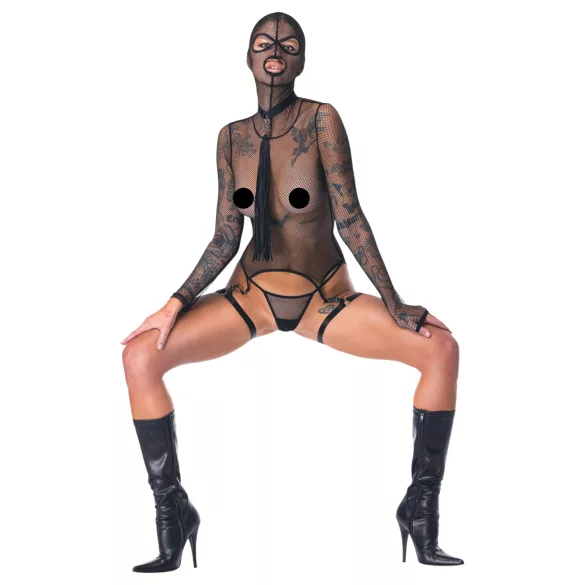 Bad Kitty - przezroczysty siateczkowy zestaw BDSM z biczem (czarny) - L