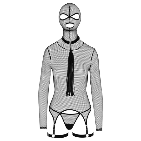 Bad Kitty - przezroczysty siateczkowy zestaw BDSM z biczem (czarny) - L