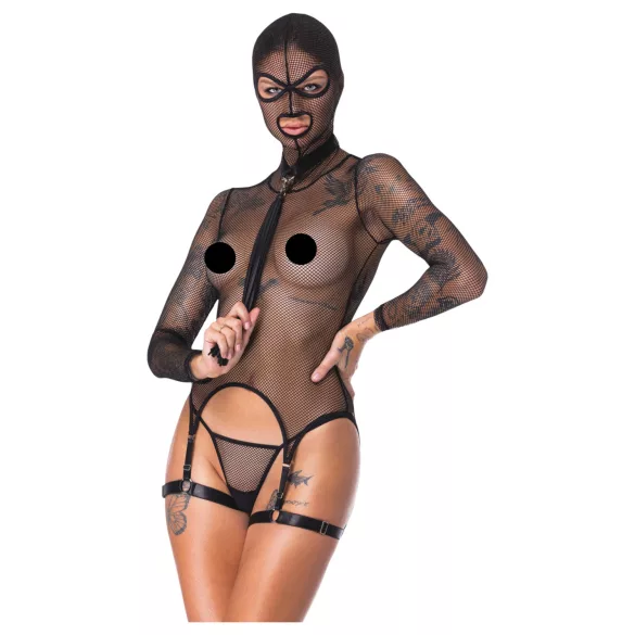 Bad Kitty - przezroczysty siateczkowy zestaw BDSM z biczem (czarny) - L
