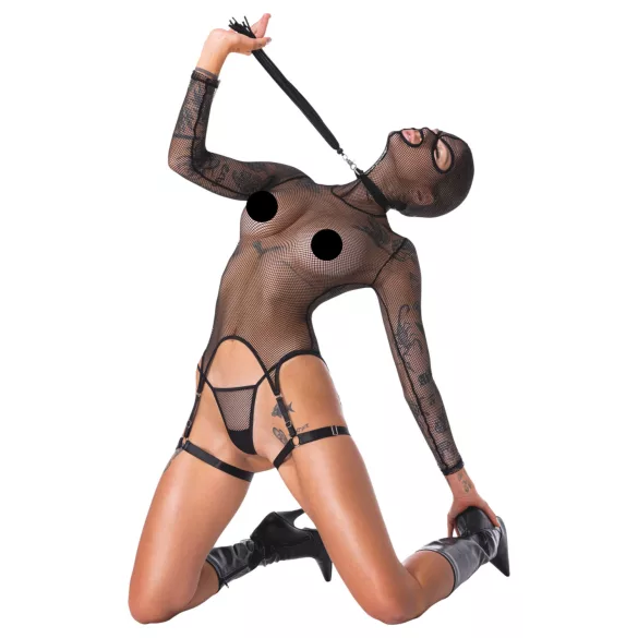 Bad Kitty - przezroczysty siateczkowy zestaw BDSM z biczem (czarny) - L