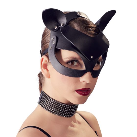 Bad Kitty - sztuczna skóra, maska kota z kryształkami - czarna (S-L)