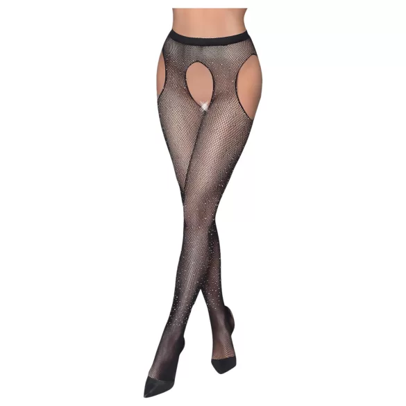 Cottelli Legwear - otwarte, błyszczące, czarne pończochy (S-L)