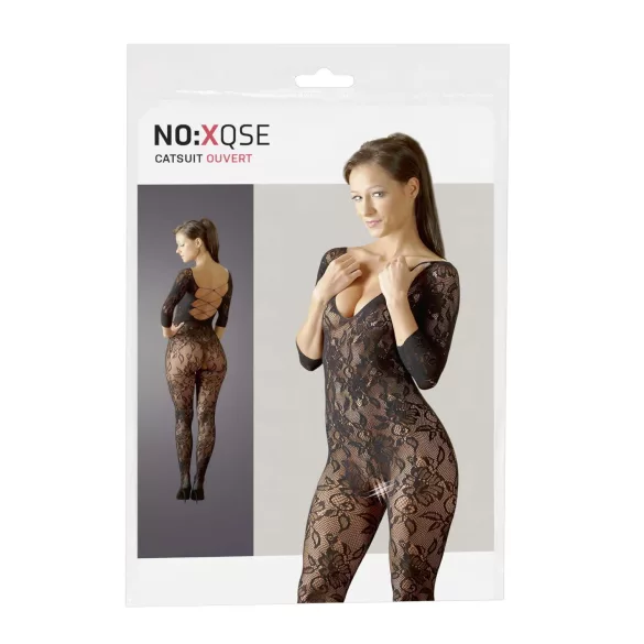 NO:XQSE - bodystocking erotyczny z motywem kwiatowym - czarny S-L