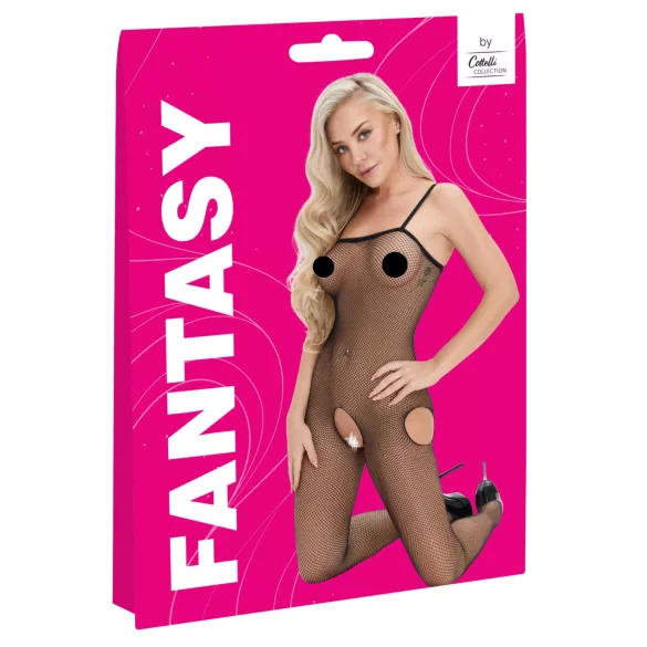 Cottelli Fantasy - czarny siateczkowy bodystocking z wycięciami na biodrach, otwarty (S-L)