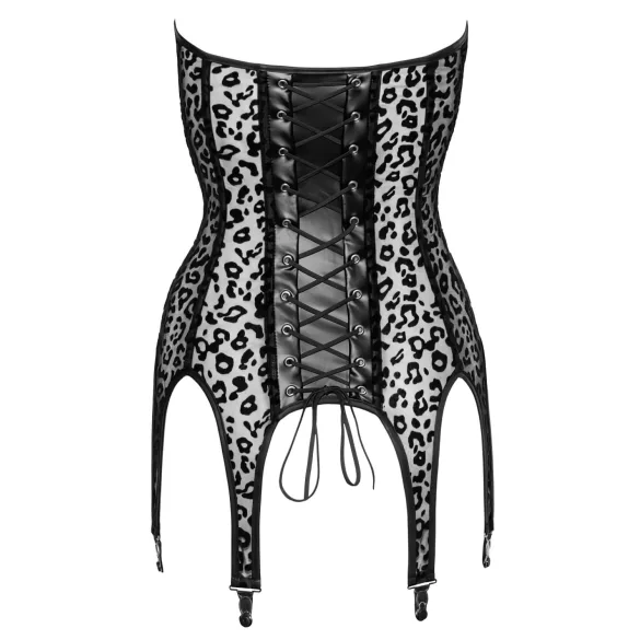 Noir - top z pasem do pończoch - wzór leopard - czarny