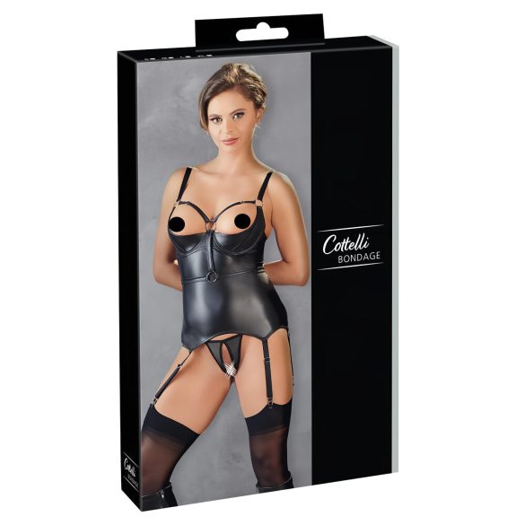Cottelli Bondage - błyszczący top z podnoszącym biust, kajdanki (czarny) - XL