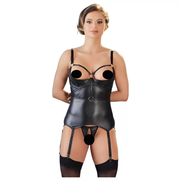 Cottelli Bondage - błyszcząca bluzka z kajdankami, unosi biust (czarna) - XL