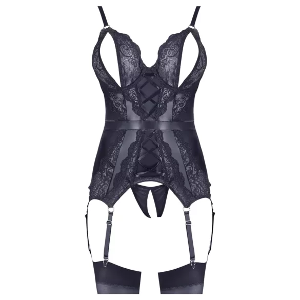 Cottelli - komplet erotyczny z koronki - otwarty top i stringi - czarny - XL
