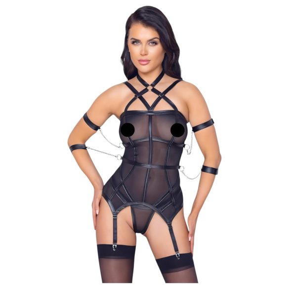 Cottelli Bondage - top z paskami, kajdanki i stringi (czarny) - L
