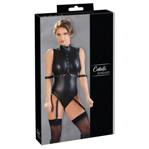 Cottelli Bondage - lśniący body bez rękawów z kajdankami (czarny)