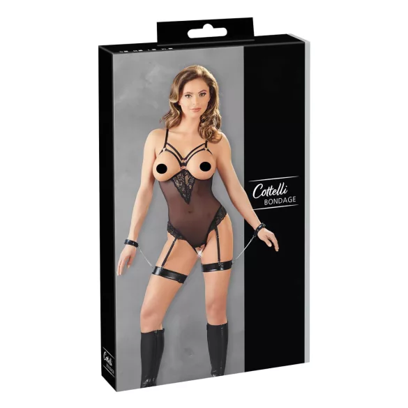 Cottelli Bondage - body z metalowymi pierścieniami i kajdanki na ręce - czarne
