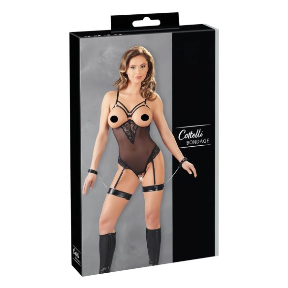 Cottelli Bondage - czarne body z metalowymi pierścieniami i kajdankami - XL