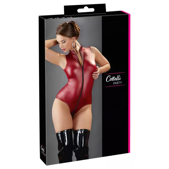 Cottelli Party - błyszczące, bezrękawnikowe body z zamkiem (czerwone) - L