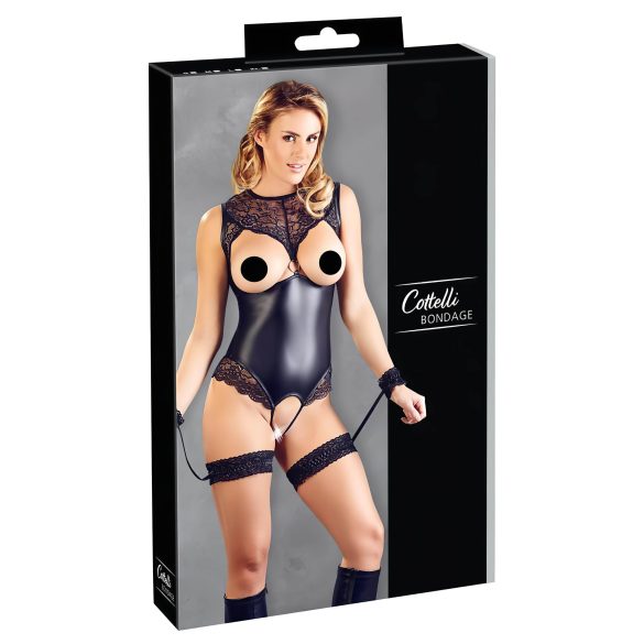 Cottelli Bondage - błyszczące body z otworami i kajdanki (czarne)