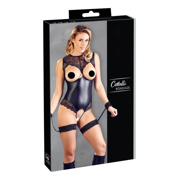 Cottelli Bondage - błyszczące body z otworami i kajdanki (czarne) - L
