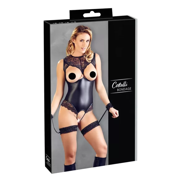 Cottelli Bondage - body z otwartym krokiem i kajdanki na ręce - L