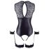 Cottelli Bondage - błyszczące body z otworami i kajdanki (czarne) - XL