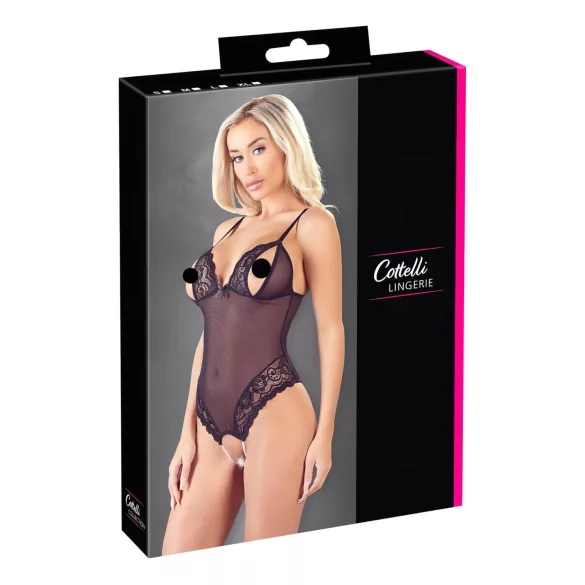 Cottelli - body otwarte z koronką i perełkami - czarne - L