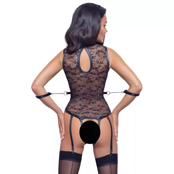 Cottelli Bondage - koronkowe body z paskami - czarne - L