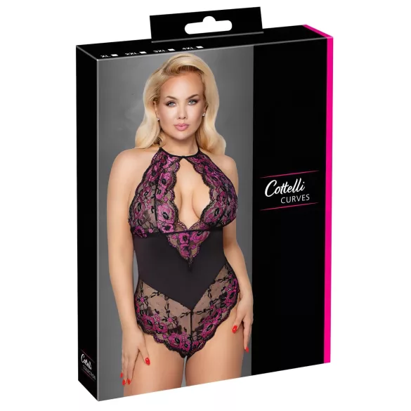 Cottelli Plus Size - body z kwiatowym wzorem - czarno-fioletowy