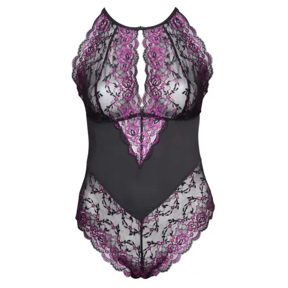 Cottelli Plus Size - body z kwiatowym wzorem - czarno-fioletowy