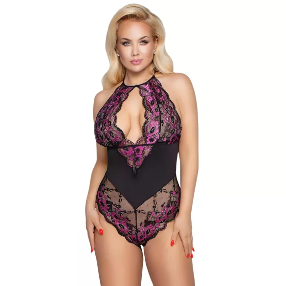 Cottelli Plus Size - body z kwiatowym wzorem - czarno-fioletowy - 2XL
