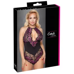   Cottelli Plus Size - body z kwiatowym wzorem - czarno-fioletowy - 4XL