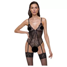   Cottelli - body z pasem do pończoch - koronkowy, otwarty - czarny