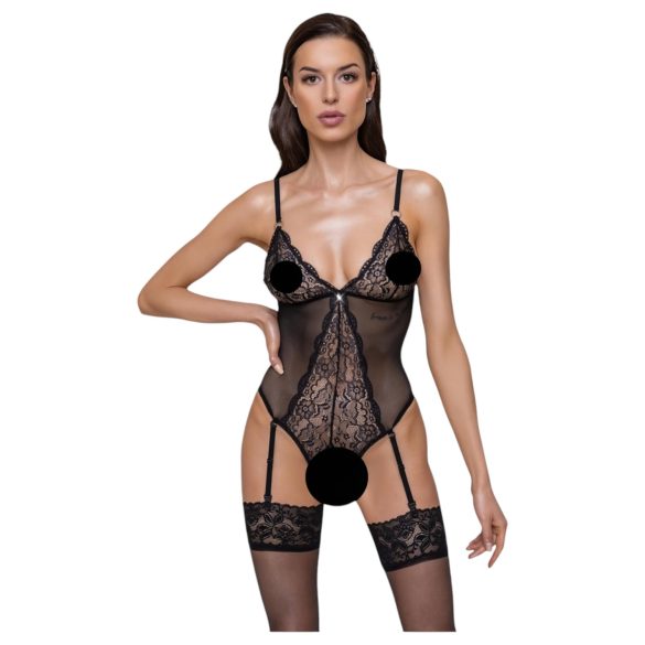 Cottelli - koronkowe body z podwiązkami, otwarte (czarne)