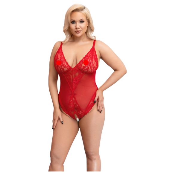 Cottelli Curves - body z przezroczystej koronki - czerwony - 2XL