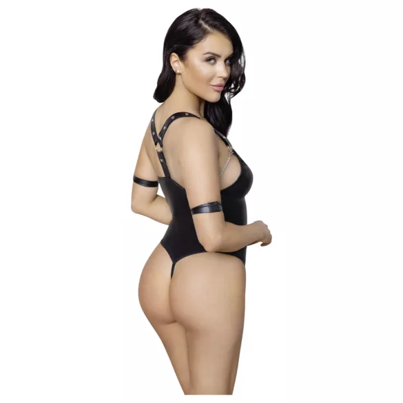 Cottelli Bondage - body erotyczne otwarte z pierścieniem - błyszczące czarne - M