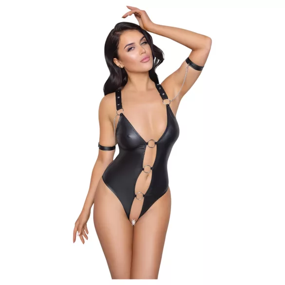 Cottelli Bondage - body erotyczne otwarte z pierścieniem - błyszczące czarne - L