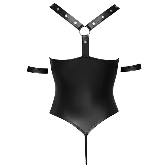 Cottelli Bondage - body erotyczne otwarte z pierścieniem - błyszczące czarne - XL
