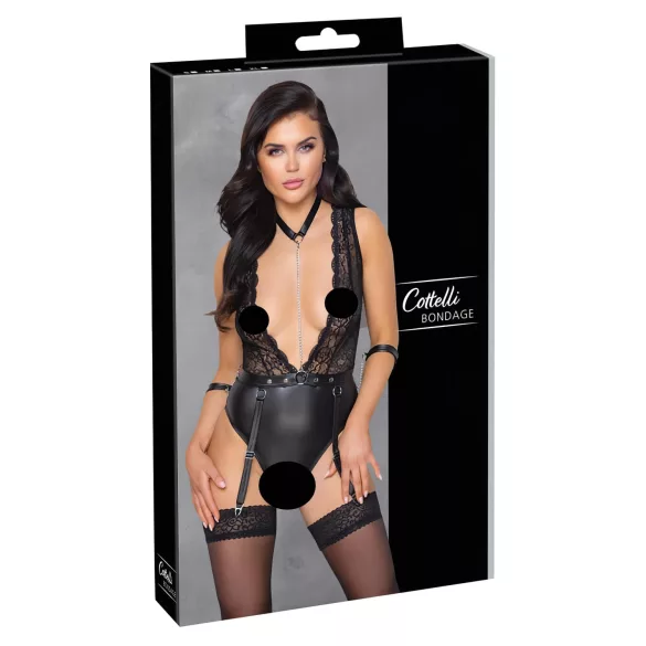 Cottelli Bondage - body koronkowe z kołnierzem - czarne - L