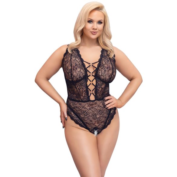 Cottelli Curves Plus Size - body damskie przezroczyste wzorzyste - czarne