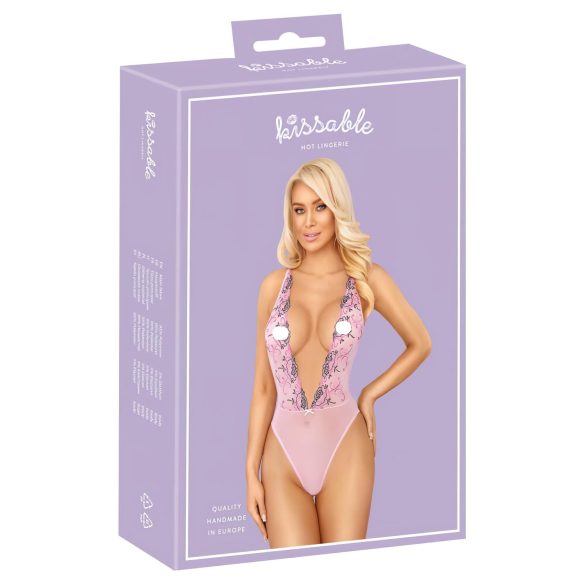 Kissable - koronkowe body z różowym haftem