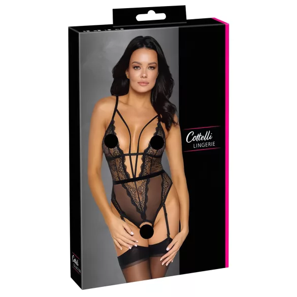 Cottelli - body otwarte z paskami i podwiązkami - czarny - L