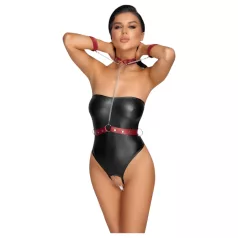   Cottelli Bondage - błyszczące body + mankiet na ręce i kołnierz na szyję (czarne) - M