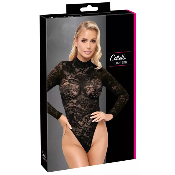 Cottelli - koronkowe body z długim rękawem (czarne) - S