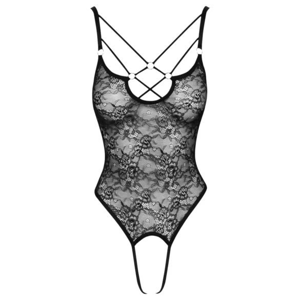 Cottelli - koronkowe body z otwartym krokiem - prześwitujące - czarne - XL