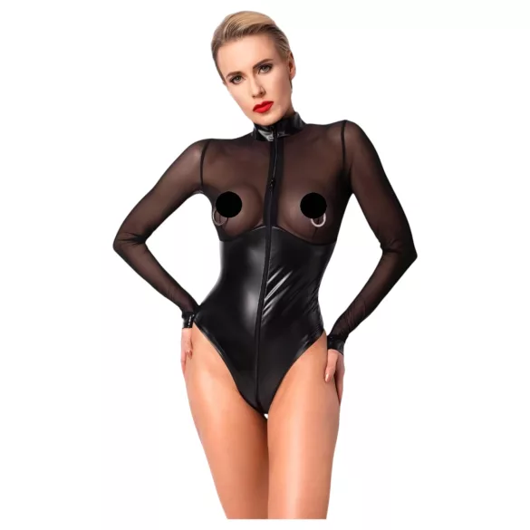 Noir - body damskie - błyszczące z transparentnym panelem - czarne - L