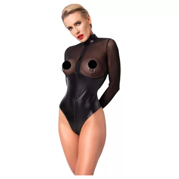 Noir - body damskie - błyszczące z transparentnym panelem - czarne - XL